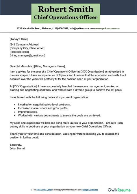 Chief Operating Officer Cover Letter Examples - QwikResume