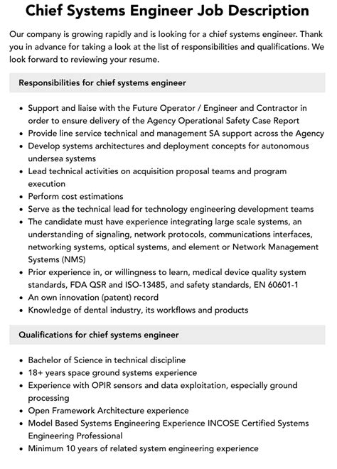 Chief Systems Engineer Job Description Velvet Jobs