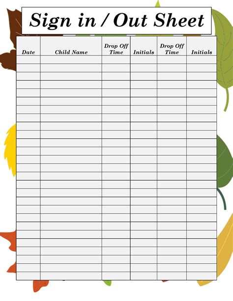 Child Care Sign In Sheet Template Sign In Sheet Template Sign Out Sheet Sign In Sheet