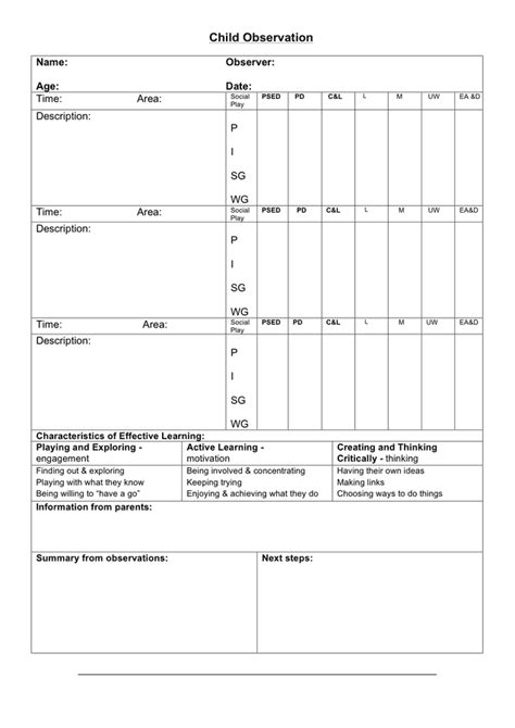 Child tracking observation sheet in Word and Pdf formats