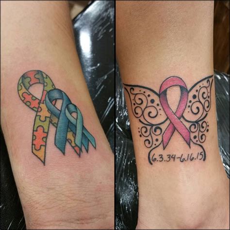 Childhood cancer ribbon tattoos. 5. The foot is a very painful place to get a tattoo but the end product is obviously well worth the pain. The pink ribbon is a beautiful symbol of those who are battling cancer. The little blue stars around the pink ribbon are a beautiful touch and add a very good sense of color to this whole tattoo. 6. 