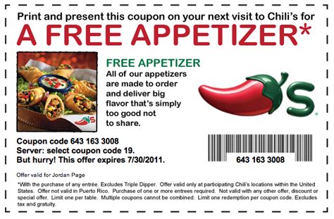 Chili's free appetizer coupon 2023. Applebee's Coupon: Get Free Boneless Wings CODE See Details T24. Show Coupon Code. 20%. OFF. Applebee's. Applebee's Coupon: Save 20% Off Instantly CODE See Details ... If you order from this menu, you'll get two entrees and one appetizer for $25. To take advantage of special promotions, download the Applebee's App. ... 