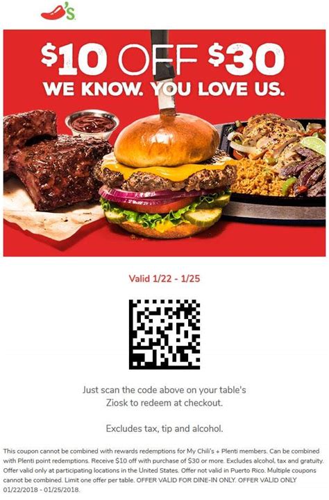 Chilis coupons $10 off $30 2023. Ends 12/10/2023. Get an Extra 20% Off Your Order. Enter code at checkout. Limit one per customer. ... You can also stack up to four coupons, such as the ever-popular Kohl's 30% off coupon code with a free shipping code, a department specific code and Kohl's Cash during checkout to get the maximum savings on your purchase. 