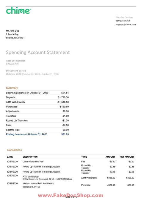 Chime Bank Statement Template