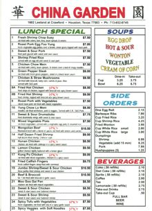 China Garden Restaurant menu in Houston, Texas, USA