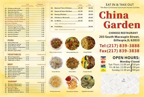 All info on China Garden in Gillespie - Call to book a table. View the menu, check prices, find on the map, see photos and ratings.. 