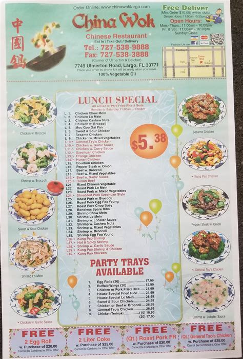 China wok largo menu. China Wok Keene 7 Court Street, Keene, NH, 03431. Home. Information. Hours. Location. Order Online / Menu. Cart. Menu. To add free extra soy sauce/mustard go to substitutions page. Lunch Menu (Only available from 11:00 AM to 3:00 PM, please do not order from the lunch menu after 3) Appetizers: 