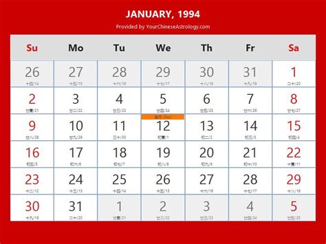 Chinese Calendar For 1994