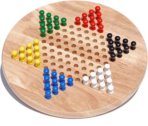 This classic Wood Chinese Checkers Board Game set, where skill and strategy star! Ages: 4+ years. Wooden Chinese Checkers Set. Includes: 1 wooden board with 60 pegs in 6 colours, plus instructions. Players: 2-6 players. 11 Diameter. Classic game wood board game. Test your strategy skills with creative thinking!. 