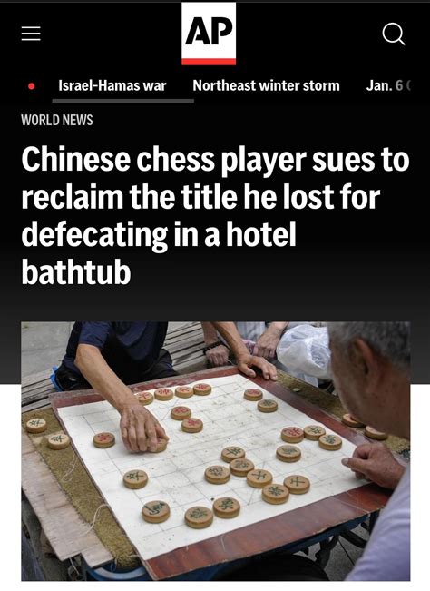 Chinese chess player sues to regain title he lost for drinking and using hotel bathtub as a toilet
