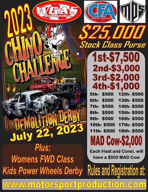 Chino demolition derby 2023. SCHOOL BUS FIGURE 8 RACING, DEMOLITION DERBY, MONSTER TRUCKS, FIREWORKS, ENDURO, TRAILER RACING & MORE! EVENT INFO COMING SOON! TOUR OF DESTRUCTION 2024 TICKETS ARE ON SALE! TICKETS TO EVENTS WILL BE LIMITED SO ORDER NOW. 