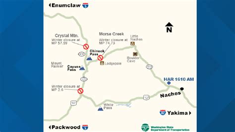 Chinook pass map.  Eastbound is closed at milepost 57, Crystal Mountain...