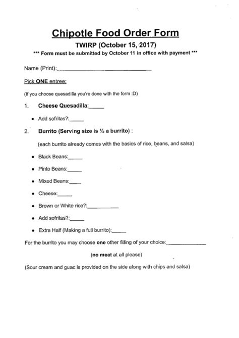 Chipoltle Order Form Printable Printable Forms Free Online