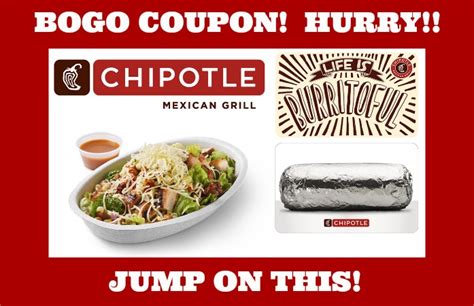 Chipotle bogo coupon. How to get free coupon: Send the text message GREENWALL to 888222; You must now answer trivia questions. Lucky you, you don’t have to think, the answers are H3CZ and Orlando. Then after that you get the coupon on 10/10/17. * Purchase required. Mobile phone required. 