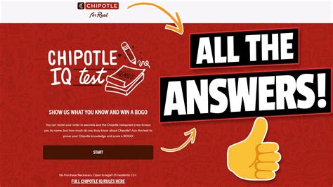 Chipotle iq test answers. The restaurant chain on Wednesday launched a Chipotle IQ trivia contest with a Buy One Get One Free food offer as the prize for the first 250,000 who correctly answered 10 questions. They quickly ... 