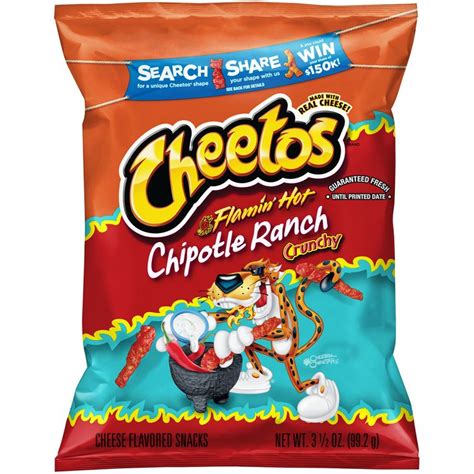 Chipotle ranch cheetos. Cheetos Crunchy Flamin' Hot Chipotle Ranch - Bocadillos de queso saborizados, bolsa de 8.5 onzas Visita la tienda de Cheetos 3.2 3.2 de 5 estrellas 5 calificaciones 