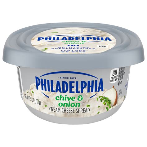 Chive and onion cream cheese. Details. Light, ultra-creamy, and perfectly-portioned, this Philadelphia chive and onion cream cheese spread makes it easy to adorn bagels with a timeless and ... 