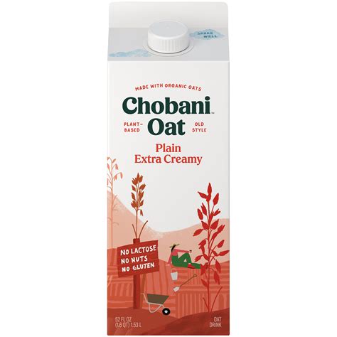 Chobani oat milk. An extra creamy oatmilk, made with the goodness of gluten-free oats. A good source of calcium and vitamins A and D, without nuts, dairy, or lactose. 