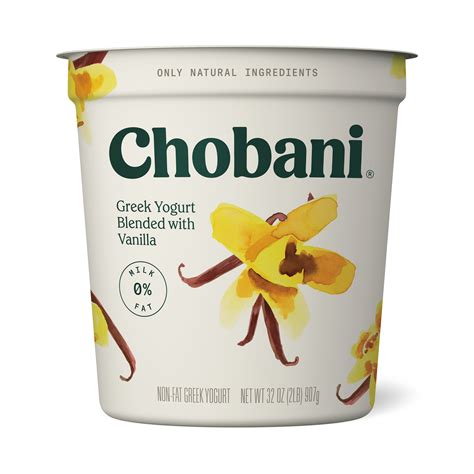 Chobani vanilla yogurt. Oikos Triple Zero 15g Protein, 0 Added Sugar, Fat Free Vanilla Greek Yogurt Cups, 5.3 oz, 4 Count. Best seller. Add. $4.38. current price $4.38. 20.7 ¢/oz. ... snack or flavorful addition to healthy recipes. Treat yourself to the deliciousness of Chobani® Zero Sugar Yogurt. Plastic Cup *not a low calorie food. Provides 11-13g of protein with ... 