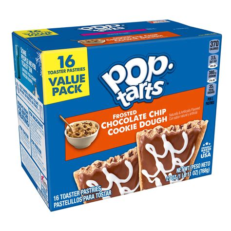 Chocolate chip cookie dough pop tarts. Product Rating (out of 5): This flavor of Pop-Tarts has a golden pastry crust topped with chocolate frosting and squiggles of vanila frosting and also features an interior of chocolate chip cookie dough filling usually … 