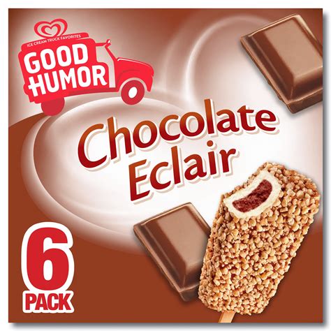 Chocolate eclair ice cream. Good Humor Chocolate Eclair Ice Cream (1 bar) contains 30g total carbs, 29g net carbs, 9g fat, 3g protein, and 210 calories. 