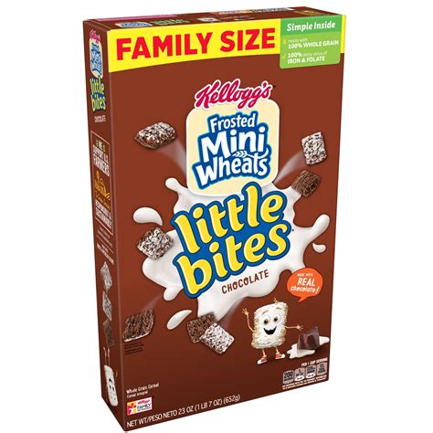 Chocolate frosted mini wheats. (of Kellogg's Frosted Mini-Wheats Bite Size cereal). The back of the box gives a more in-depth description: "All the goodness in nearly half the size! "Kellogg's Frosted Mini-Wheats cereal has 8 layers of 100% whole grain and fiber to keep kids full and focused throughout their morning activities. 