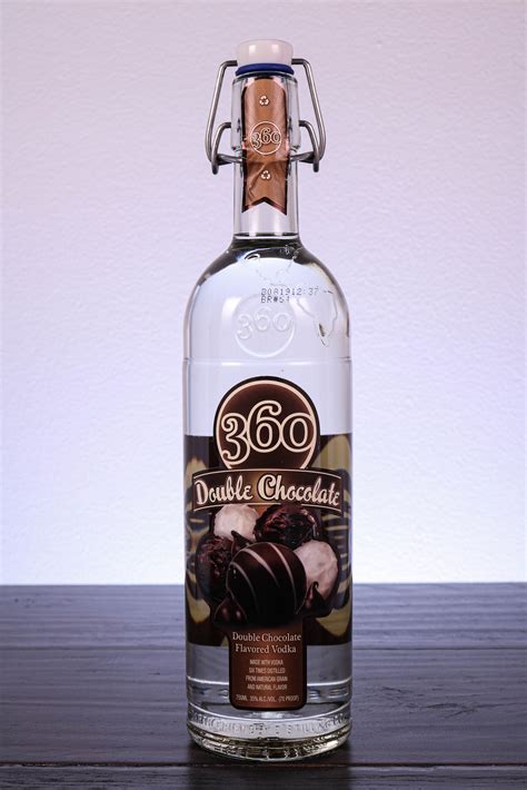 Chocolate vodka. Product description. Introducing 360 Double Chocolate: Intense, smooth double chocolate flavor. Think of everything you love about chocolate. Then double it. Rich. Smooth. Silky. The flavor of temptation from 360 - the world's first eco-friendly vodka. Made from quadruple-distilled, five-times filtered vodka for the freshest flavor. 
