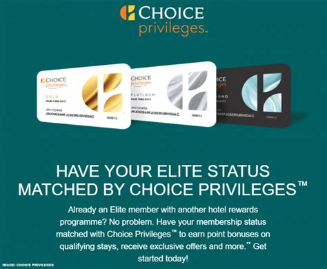 Choice privilege rewards. Get in Touch. * The Elite Status Match offer is valid for existing Choice Privileges® members in the United States, Canada and Europe only. Member must provide their name and Choice Privileges member number in the request and provide at least one (1) of the following: i) a copy/photo of your membership card (showing … 