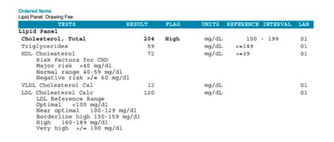 Cholesterol And Cardiac Testing Example Results