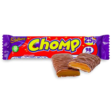 Chomp chocolate. Cadbury Chomp. Caramel encased in a milk chocolate shell. Chomp has a unique combination of flavor and affordability. It is a delicious combination of gooey caramel and rich milk chocolate, while being very affordable at a fraction of a dollar. 