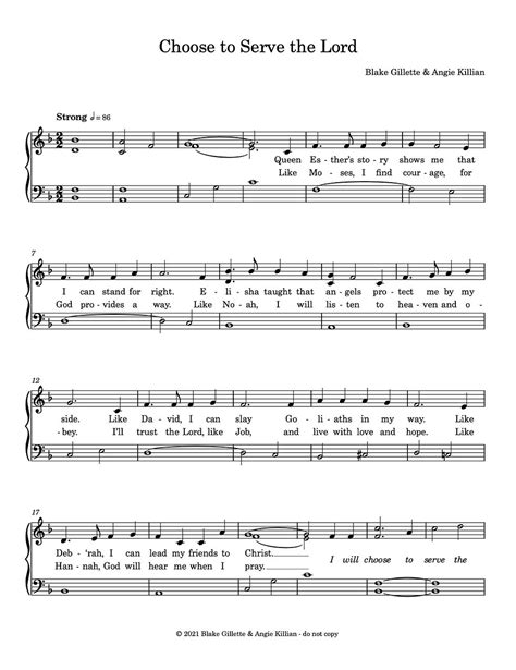 Choose to serve the lord sheet music. This is another song about desiring nothing more and nothing less than doing God’s will. God’s will is for us to live with Jesus as our example, and serve others with His love. Favorite lyrics: “And all that I have is the life that You've given me. So Lord let me live for You, my song with humility.” 5 – Lifesong by Casting Crowns 