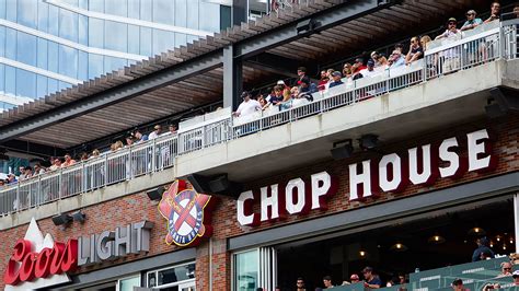 The Chop House is located directly behind right field. In addition to a full menu, a variety of beer choices, and a burger restaurant, it offers a private area in front and includes comfortable, tabletop sitting, wait service, and a food value included on the tickets. Terrace Infield • Section 217, Row 15, Seats 17-20. 