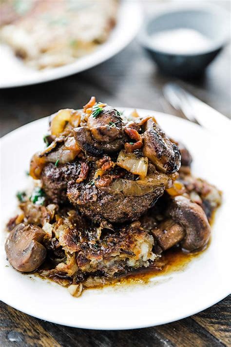 Chop steak. This chopped steak recipe is seared to perfection and then topped off with herbs, caramelized onions and mushrooms and served with a side of homemade hash br... 