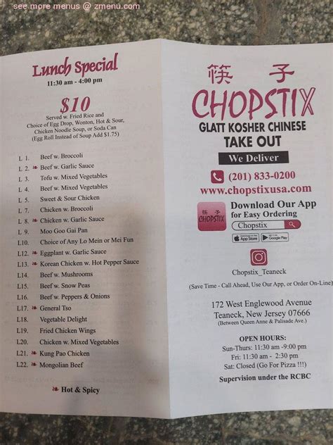 Chopstix teaneck. Menu for Chopstix Appetizers Crispy Beef Egg Roll $2.25 Chicken Egg Roll $2.55 Stuffed Chopstix (3pc) $4.95 ... 
