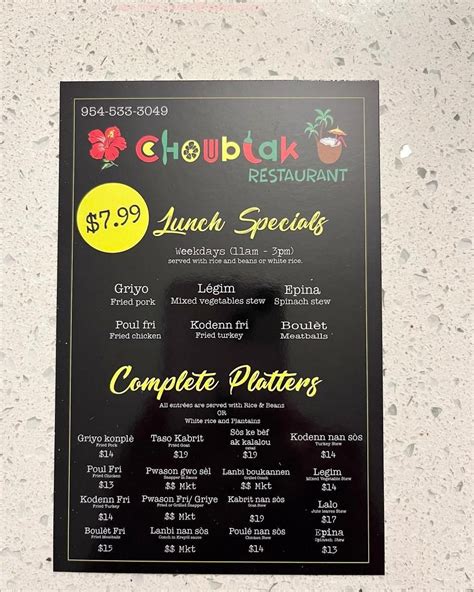 03/25/2024 - MenuPix User. View the menu for Choublak Restaurant and restaurants in Sunrise, FL. See restaurant menus, reviews, ratings, phone number, address, hours, …