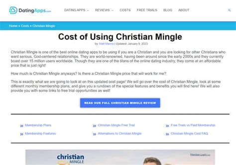 Christian mingle cost. Christian Mingle Cost January 2024. Dating site for religious singles; No flashy features; Members enjoy free messaging feature; Premium account has full site access; ... It also has paved the way for others to find someone with the same Christian faith at ChristianMingle, an online dating site for individuals looking for a faith-centred ... 