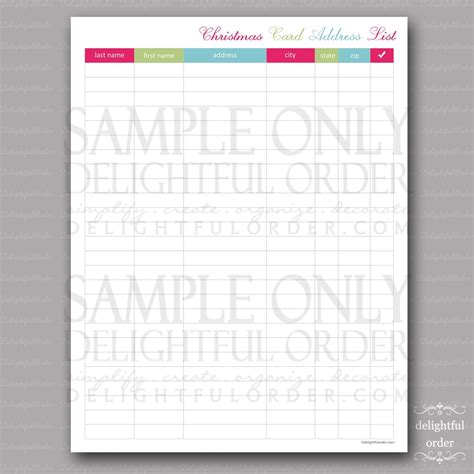 Christmas Card Address List PDF Printable File Instant