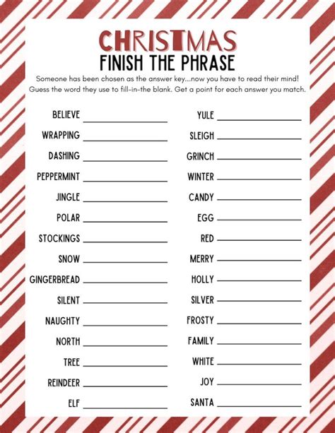 Christmas Finish My Phrase, Printable Christmas Party Game, Holiday Party Game, Christmas Word