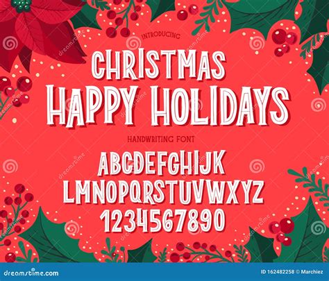 Christmas Font. Holiday Typography Alphabet with Festive Illustrations
