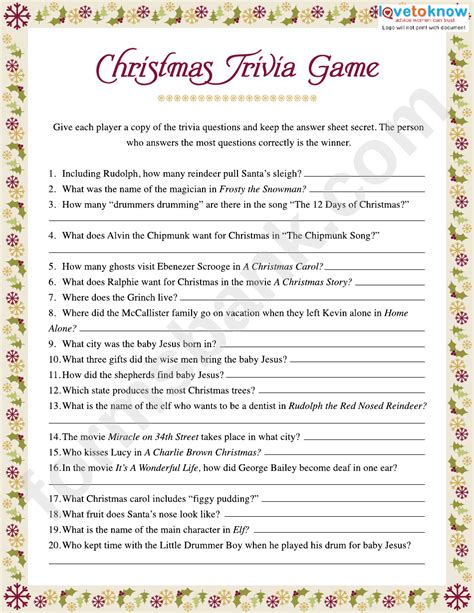 Christmas Quiz Game Template for PDF or Pages