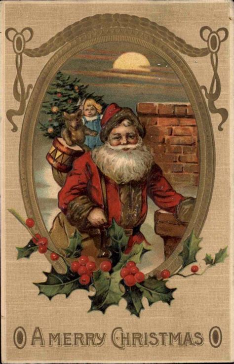 Christmas Santa Claus Toy Doll Teddy Bear Frame Border c1910