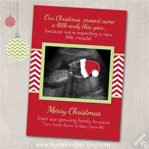 Christmas card pregnancy announcement. Using simple props with these quotes can be really eye-catching and funny. Here are some beautiful cards and props to use in your pregnancy announcement. Scratch heart card – Use the scratch heart card to announce your pregnancy in a physical message to your husband or close family members. Ice Ice Baby tee – This funny tee is … 