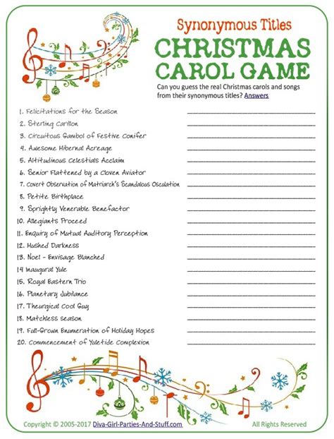 Christmas carol game. Dec 1, 2020 · A fun and easy matching game for kids and adults to test their knowledge of popular Christmas songs. Download the free printable or get the answers online and play solo or with a team. Learn the lyrics and have fun with this festive activity. 