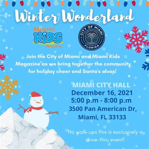 Christmas wonderland - miami tickets. Tri-Rail’s “Winter Wonderland” presented by Herzog returns to Tri-Rail’s Miami Airport Station (3861 NW 21 Street, Miami 33142) on Saturday, December 9, from 11 a.m. to 3 p.m. The free, family friendly event will feature interactive games, food trucks, holiday carolers, face painting, cookie decorating, bounce houses, a coloring station ... 