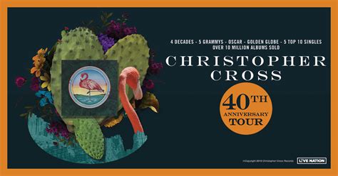 Christopher Cross has announced his dates for his Fall 2021 tour are still on as scheduled. The 40th Anniversary rescheduled tour dates run from September 16 in Huntsville, Alabama and ends November 4th in Austin, Texas. Tickets are on sale now. Cross last toured with solo dates and as a part of the Monsters of Yacht Rock Tour with Michael .... 