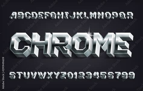 Chrome Alphabet Font. 3D Metallic Letters and Numbers with Shadow Stock