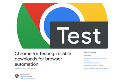 Chrome for testing. Chrome for Testing availability. JSON API endpoints. The set of “all CfT assets” for a given Chrome version is a matrix of supported binaries × platforms. The current list of … 