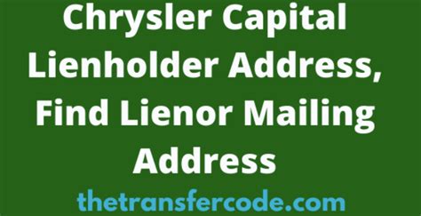 Chrysler capital lienholder address. Lienholder Adress | ELT Code Notate Recent Free: 1010 W Mockingbird Ln, Suite 100, Dallas TX 75247 is no longer in use. Retail Payoff Standard Mailing: PO Box 660335 Dallas TX 75266-0335 *Lease Payoff Standard Mailing: PO Bin 660647 Dallas TX 75266-0647 Contact Chrysler Capital for complete details. Contact are listed for reference only. 