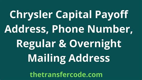 Chrysler Capital motor loan payoff address. Retailer and Lease. PO Box. Overnight. Additional addresses: Lienholder Name - Loss Consignee - Funding Packages. F&I Tools Loan Calculator Car Tax by State DMV Fees ... Contact Chrysler Capital for complete details.. 