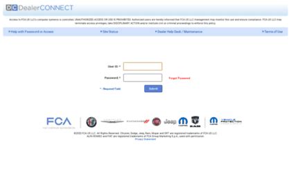FCA US LLC DealerCONNECT. Access to FCA US LLC's computer systems is controlled. UNAUTHORIZED ACCESS OR USE IS PROHIBITED.. 